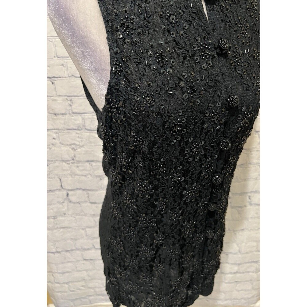 Vintage Christina Fairbanks black sleeveless beaded sequin button top blouse L - Picture 5 of 7